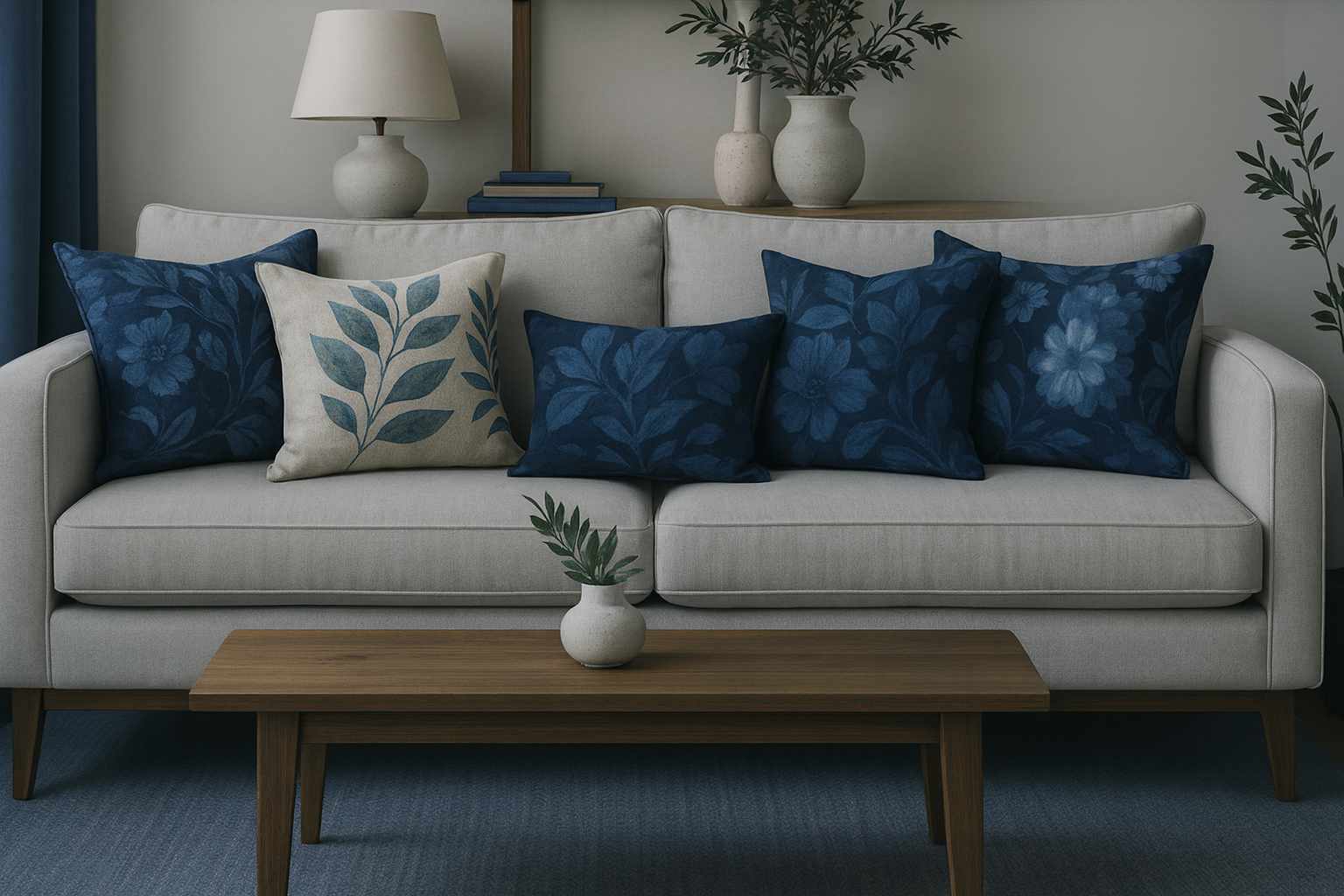 Botanical cushions on a sofa
